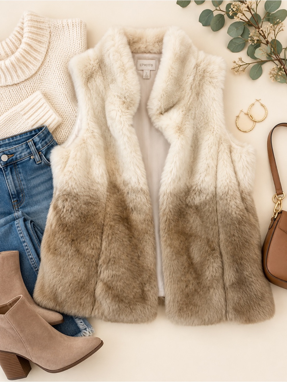 Chico’s Faux Fur Ombré Vest Size 2 Ivory Taupe Plush Open Front